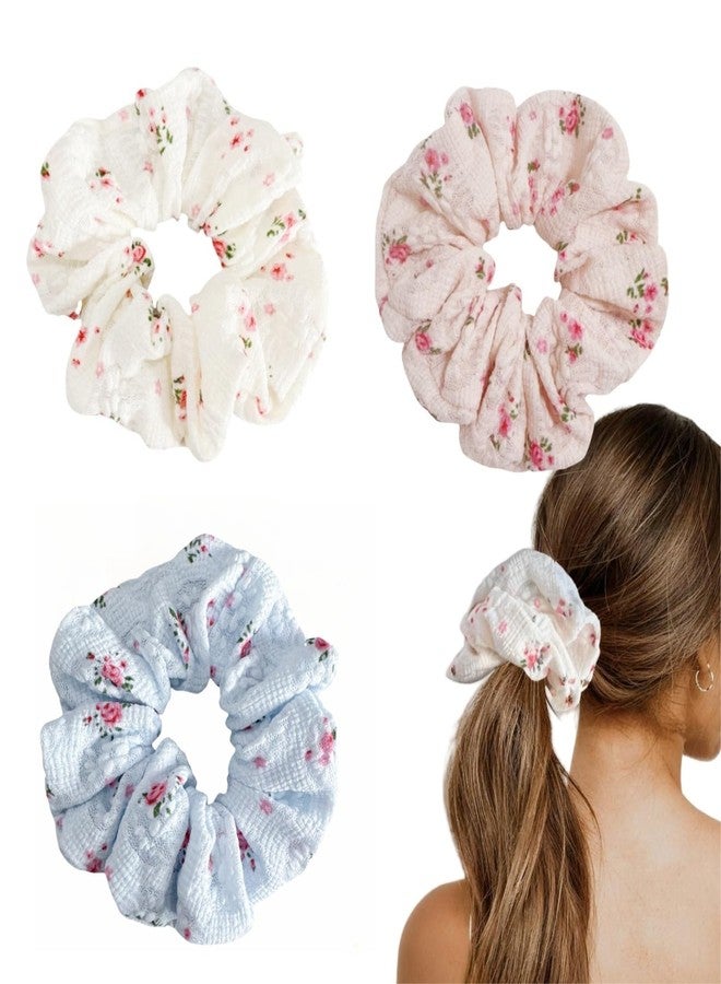 PIDOUDOU 3 Pieces Floral Scrunchies for Women, Blossom Lace Scrunchies Hair Ties Ponytail Holder Hair Accessories Gift - Image 1